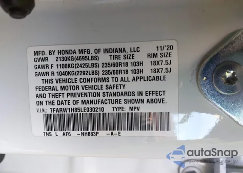 2020 Honda Cr-V 2Wd Ex-L z USA, uszkodzony, nr VIN 7FARW1H85LE030210